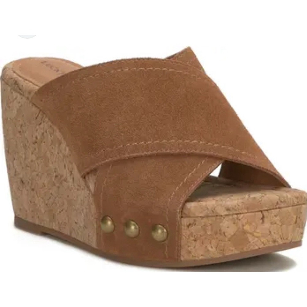 Lucky Brand Valmai Women's Sandal Cork Natural Suede Crisscross Wedge Sz-10